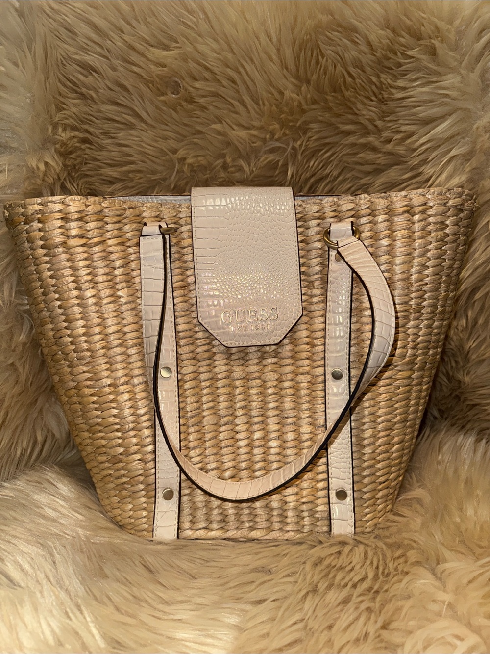 GUESS Natural Woven Straw Tote with Cream Croc-Texture Trim